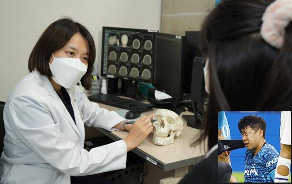 얼굴의 눈은 주위 뼈에 둘러싸여 보호되는데, 그 뼈가 아주 얇아서 외부 충격을 받으면 골절이 잘 일어난다. 인제대 해운대백병원 이경아(성형외과) 교수가 안와골절 치료와 관련한 상담을 하고 있다. 오른쪽 작은 사진은 월드컵 대회 전 경기에서 안면 부위 충돌로 골절상을 입은 손흥민 선수.