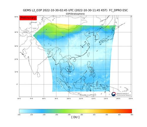 30일부터 제공될 천리안위성 2B호 관측 성층권 오존 농도. 붉을수록 농도가 높은 것이다. [환경부 제공. 재판매 및 DB 금지]