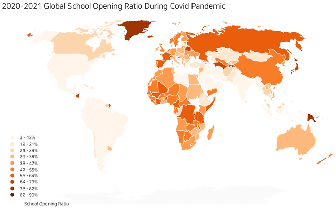 강현제(뉴욕 주립 스토니브룩대학교 경제학 박사과정), 김선함(퍼듀대학교 경제학 박사과정), 강태영(언더스코어, KAIST 경영공학 석사) 세 사람이 2020년 각국의 등교일수를  도식화 한 그래프. 한국의 경우 지도에 나온 것처럼 전 세계적으로도 가장 등교 제한을 많이 한 나라 중 하나였다. 등교일수 데이터는 경기도교육청에 정보공개청구한 자료와 더불어민주당 이성만 의원실에서 제공 받은 자료가 활용됐다. 언더스코어 제공.
