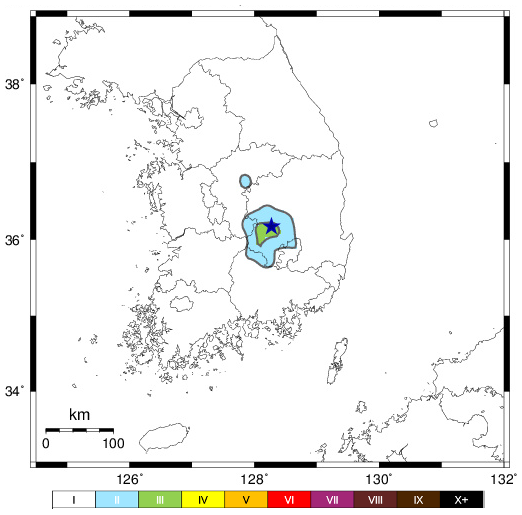 1일 오후 3시 17분 경북 김천시에서 발생한 지진의 계기진도 상세정보. 기상청 제공