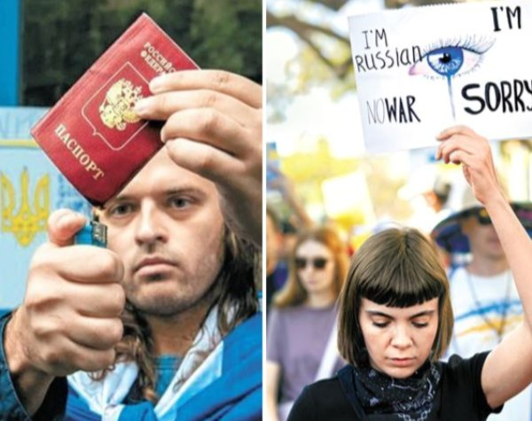 세계 각국에 있는 러시아인들이 전쟁에 반대하는 시위를 벌이고 있다. 사진 왼쪽은 호주에 머물고 있는 한 러시아인이 자신의 여권을 불태우는 모습, 오른쪽은 미국 캘리포니아주 산타모니카에서 열린 반전시위에 참가한 러시아인이 "미안하다"는 팻말을 들고 고개를 숙이고 있는 모습. /사진=트위터 캡처, AP=뉴시스