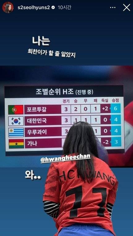 3일 걸그룹 AOA 출신 배우 설현이 한국 축가대표팀 황희찬의 등번호와 이니셜이 새겨진 국가대표 축구 유니폼을 입고 경기를 관람했다. 사진 설현 인스타그램 캡처