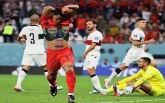 손흥민 황희찬 선수의 마스크와 속옷을 합성한 SNS 패러디 게시물. SNS 캡처