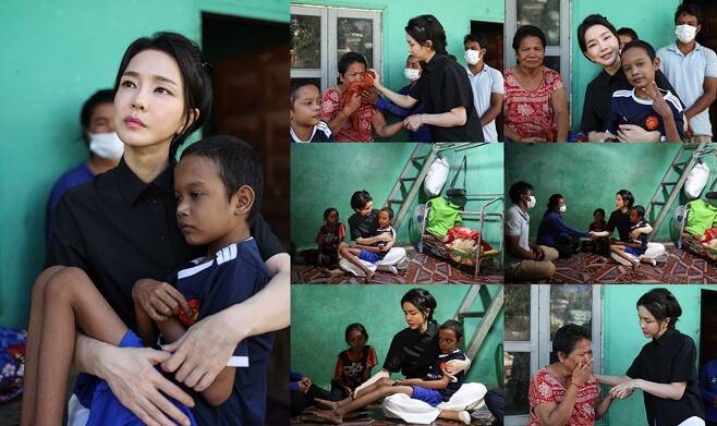 ▲ 11월12일 김건희 여사가 캄보디아 프놈펜에서 심장병을 앓고 있는 아동의 가정을 방문한 모습을 담은 사진들. 사진=대통령실