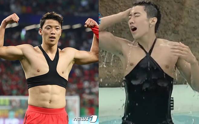 한국 축구 국가대표 황희찬(왼쪽)이 포르투갈전에서 상의 탈의 세리머니를 하는 모습. 가수 박재범은 이를 보고 자신이 원조라고 주장했다. (뉴스1/ MBC 무한도전 갈무리)