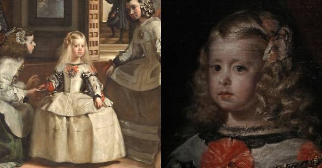 디에고 벨라스케스가 그린 ‘시녀들’(왼쪽)과 ‘흰 옷을 입은 마르가리타 테레사 공주’. 두 작품 모두 1656년 작품으로 전문가들은 동시에 그렸을 가능성을 제기한다./프라도 미술관, 김창길 기자