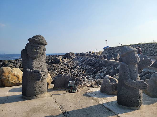 Dolharubang welcome visitors to the island of Gapado (Park Yuna/The Korea Herald)