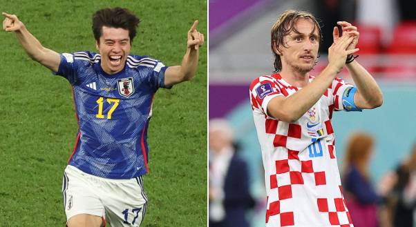 일본 축구대표팀 다나카 아오가 지난 1일(현지시간) 카타르 도하 칼리파 인터내셔널 스타디움에서 열린 2022 카타르월드컵 조별리그 E조 3차전 스페인과의 경기에서 역전골을 넣은 뒤 기뻐하고 있다. 오른쪽 사진은 크로아티아의 에이스 루카 모드리치가 이날 열린 조별리그 F조 3차전 벨기에전에서 비겨 16강 진출이 확정된 뒤 손뼉을 치고 있는 장면. 연합뉴스