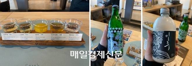 왼쪽부터 ‘5종 제주술 샘플러’, 성산포소주, 밀주 /사진=홍지연 여행+ 기자
