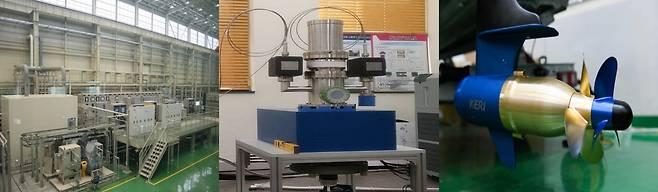 왼쪽부터 한국전기연구원 전기선박 육상시험소, 고출력 전자파 기반 비살상 대인무력화 시스템 핵심장비 자이로트론, 비접촉 마그네틱 기어 기반 상반회전 프로펠러.[한국전기연구원 제공]