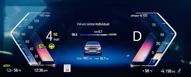 약 45㎞의 코스를 달린 이후 측정한 ‘i7 xDrive60’의 평균 전비. 배터리 관리 시스템의 효율성이 놀라울 정도다. 정찬수 기자