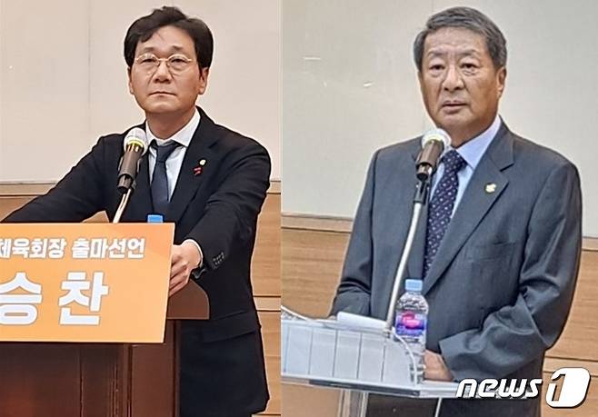 민선 2기 대전시체육회장 선거에 출마한 이승찬 후보(왼쪽)와 손영화 후보 ⓒ뉴스1 최일 기자