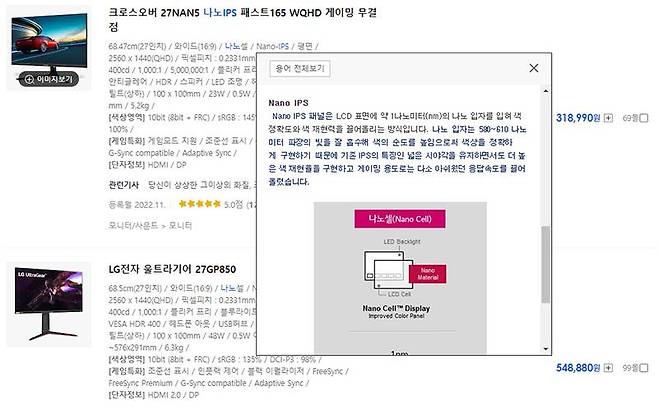 고성능 IPS 패널인 나노 IPS 패널 모니터는 이제 30만 원대로 구매할 수 있다. 출처=다나와