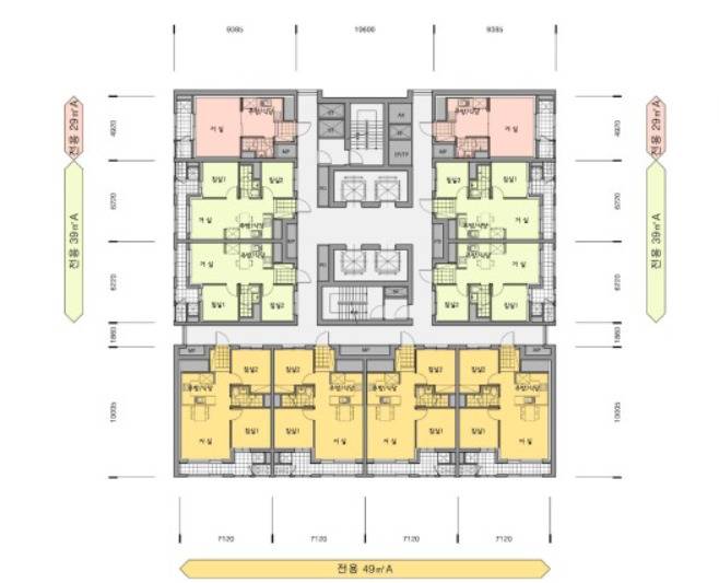 복도식 원룸과 투룸 구조인 전용 29·39·49㎡ 소형 면적 배치도. / 자료=올림픽파크 포레온