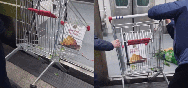 지난달 30일 오후 서울 지하철 7호선 노원역 하행선에서 한 노인이 쇼핑카트를 끌고 열차를 타려다 출입문 사이 공간에 카트 앞바퀴가 끼이는 사고가 발생했다. 인스타그램 영상 캡처