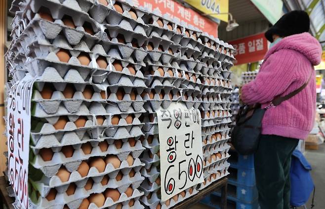 고물가에 AI확산까지, 계란값 불안 (서울=연합뉴스) 류효림 기자 = 주요 식료품 가격이 잇따라 오른 가운데 고병원성 AI 확산으로 계란값마저 들썩이고 있다. 사진은 6일 서울 시내 전통시장에 계란 판매 상점 모습.