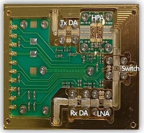 ETRI가 개발한 X대역 GaN 개별 칩 기반 프런트엔드 MMIC 모습. Tx DA(송신 구동증폭기)/HPA(고출력 증폭기)/Rx DA(수신 구동증폭기)/LNA(저잡음 증폭기)