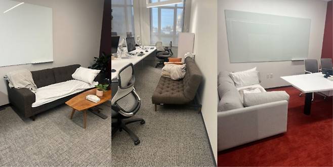 트위터 샌프란시스코 본사 내부 회의실 등 곳곳 소파 위에 베개와 이불이 놓여져 있다. [James Clayton 트위터 계정]