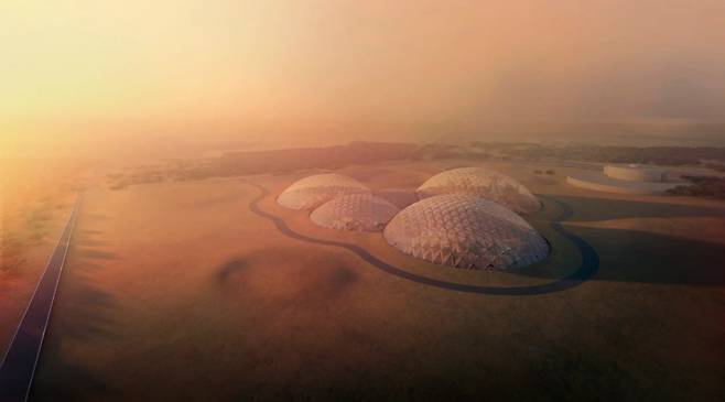 UAE 두바이 외곽 사막 위에 지어질 화성 과학 도시. 1억3500만 달러 예산을 들여 면적 17만6000㎡의 거대한 돔 구조 건축물이 지어진다. UAE는 2017년 이 계획을 발표했다. 당초 2021~2022년 사이에 건설을 시작키로 했지만 코로나 사태로 인해 연기됐다. 언제 첫 삽을 뜰지는 아직 정해지지 않았다. 사진 UAE 정부