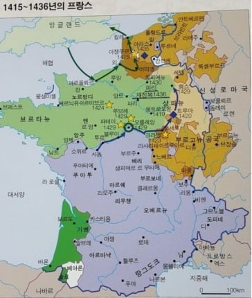 막시밀리안이 결혼할 무렵 프랑스 지도. 주황색이 처가인 부르고뉴 공국의 영토다. 부르고뉴 공국의 영토는 전 유럽에서 손꼽힐 정도로 풍족했다. 케임브리지 프랑스사