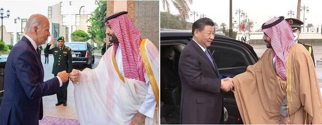 빈 살만 사우디 왕세자는 지난 7월 바이든 대통령과는 간단한 주먹 인사만 했지만(왼쪽), 이번에 시진핑 주석과는 반갑게 악수했다.