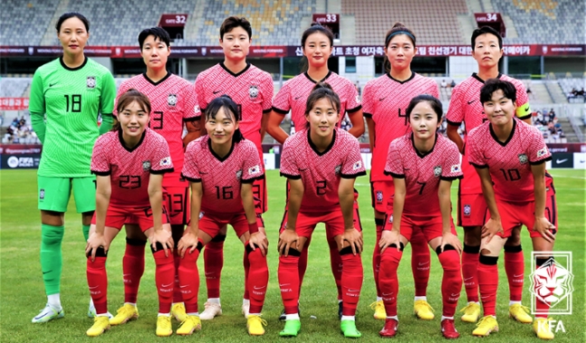 지난 9월 자메이카와의 친선경기 시작에 앞서 기념촬영 하는 여자축구대표팀 선수들 사진=대한축구협회(KFA) 제공