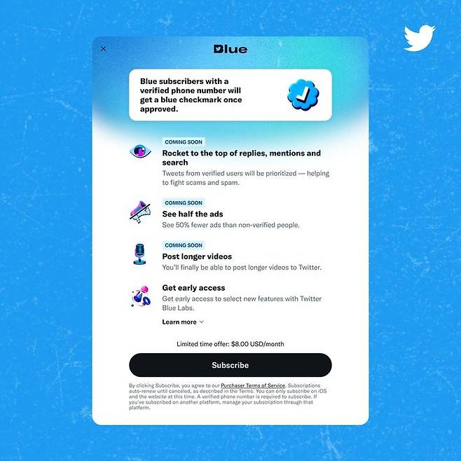 트위터가 유료 구독 서비스 '트위터 블루'를 재출시한다. (사진=트위터 공식 계정) *재판매 및 DB 금지
