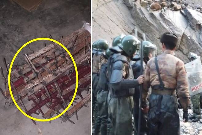 인도의 한 군사전문가가 2020년 6월 인도군과 중국군의 충돌 시, 중국군이 사용한 무기라고 밝힌 쇠못 박힌 몽둥이 사진(왼쪽), 같은 시기 중국군과 인도군의 대치 장면(오른쪽)