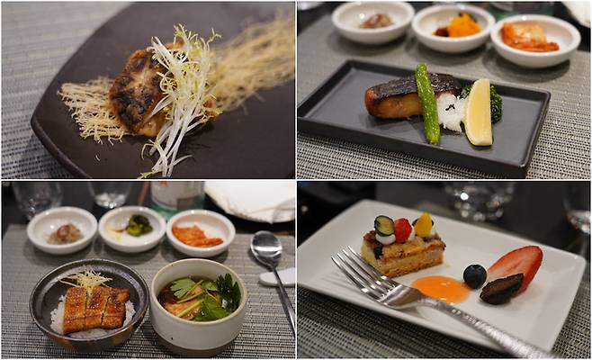 살레 디너 코스 요리 왼쪽 상단부터 바닷가재 가라아게, 은대구 구이, 장어 덮밥, 디저트 / 사진 = 정윤지 여행+ 기자
