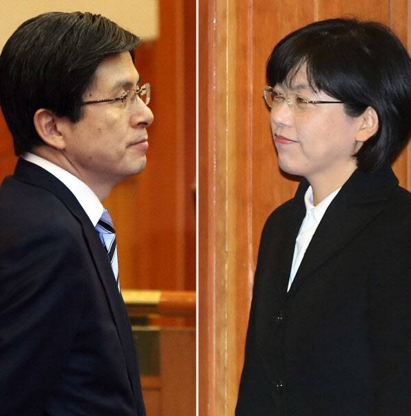 황교안 당시 법무부 장관(왼쪽)과 이정희 당시 통합진보당 대표(사진=연합뉴스)