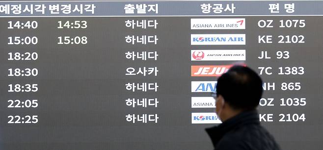 지난 8일 서울 강서구 김포국제공항 전광판에 하네다 발 서울 도착 항공편 시간표가 나타나고 있다. 국토교통부는 일본행 여객수요의 증가추세를 반영해 김포-하네다 노선을 현행 주 56회에서 84회까지 순차적으로 증편한다고 밝혔다./뉴스1