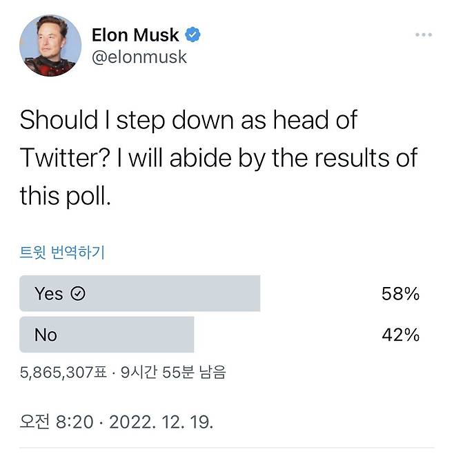 일론 머스크 테슬라 최고경영자(CEO)가 자신의 트위터 대표직 사임 여부를 결정하겠다는 투표를 자신의 계정에 올렸다고 19일 밝혔다. /일론 머스크 CEO 트위터 갈무리