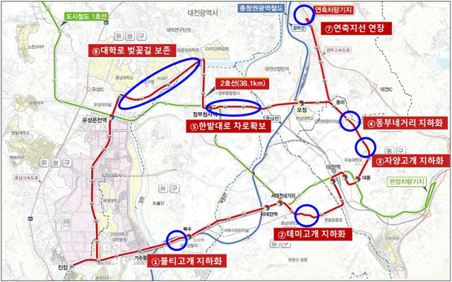 대전도시철도 2호선 트램 주요 건설계획 위치도. 대전시 제공