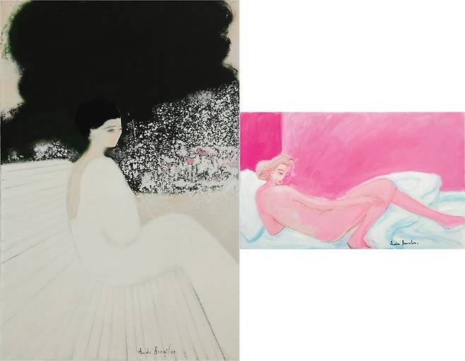 앙드레 브라질리에의 ‘흰색 벤치에 앉아 있는 여인’(왼쪽)과 ‘분홍색의 방’. 한솔비비케이 제공