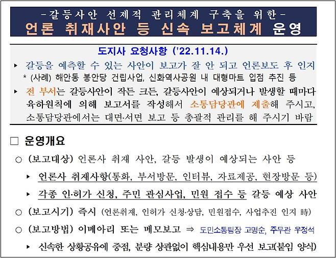 ▲ 제주도 '언론 취재사안 등 신속 보고체계 운영' 문건.