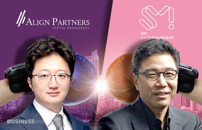 얼라인파트너스 이창환 대표(왼쪽)와 에스엠엔터테인먼트 최대주주 이수만 총괄프로듀서 /=그래픽 김용민 기자 kym5380@