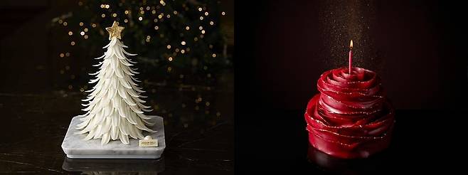 25만원에 판매되는 조선 팰리스 ‘화이트 트리 스페셜 케이크’와 서울신라호텔 ‘얼루어링 윈터 케이크’ 이미지. [각 사 제공]