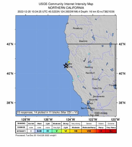 20일 새벽(현지시간) 캘리포니아 북부 해안 지진 [미국 지질조사국(USGS) 제공 지도]