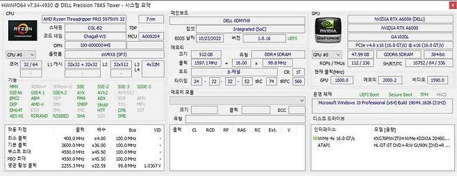 HWINFO 소프트웨어를 통해 살펴본 주요 사양