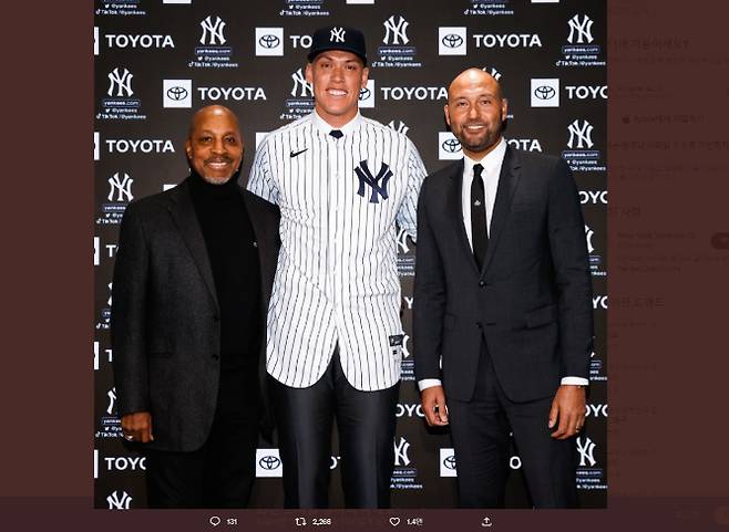 애런 저지가 뉴욕 양키스의 제16대 주장으로 선임됐다. 사진은 22일(한국시각) 뉴욕 양키스가 저지의 주장 선임을 알리며 올린 기자회견 사진. /사진=뉴욕 양키스 트위터 캡처