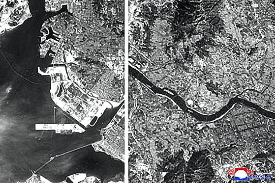 북한이 위성시험품 탑재체에서 촬영했다고 공개한 서울(오른쪽)과 인천 사진. [조선중앙통신=연합]