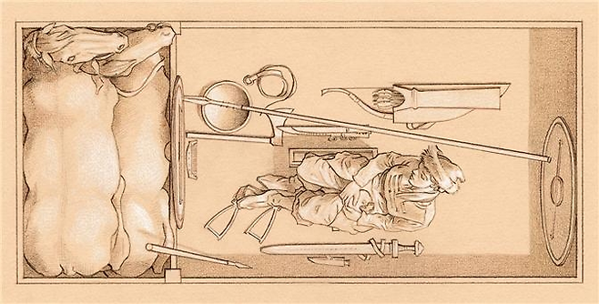 스웨덴 비크라 유적 여성 바이킹 전사 복원도. 무기 (검. 창 2개, 화살촉 25개)와 말 2마리, 말이갖춰진 장기판과 함께 발굴됐따. 프시케의숲 제공