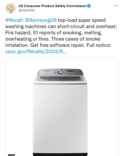 미국 소비자제품안전위원회(CPSC)의 삼성전자 세탁기 리콜 공지 CPSC 트위터 계정 캡처