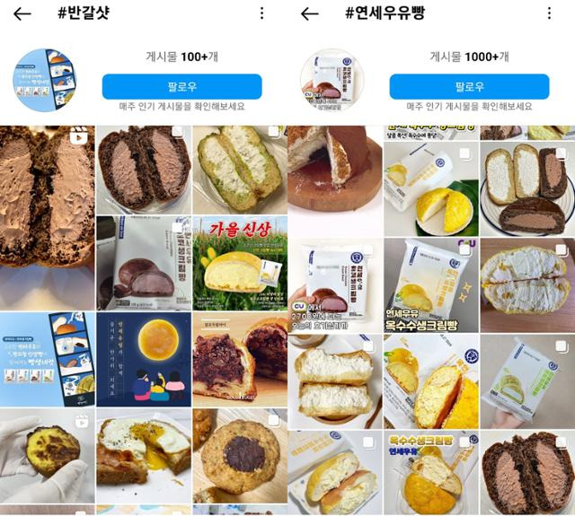 사회관계망서비스(SNS)에 해시태그(#) '반갈샷', '연세우유빵'을 검색하면 나오는 인증샷들. 반을 갈라 속을 보여주는 인증샷이 유행하면서 연세우유빵 매출도 급격히 늘었다. SNS 화면 캡처