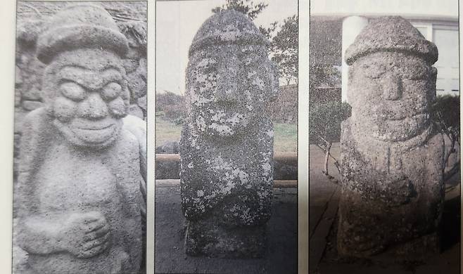 (사진 왼쪽부터) 1.제주시 동문로터리 근처 옛 삼천서당 앞 돌하르방(현용준, 1962년 촬영), 2.정의현성 남문 앞 돌하르방, 3,대정현 추사적거지 앞 돌하르방(제주의 돌문화, 이윤형, 고광민, 2006년)