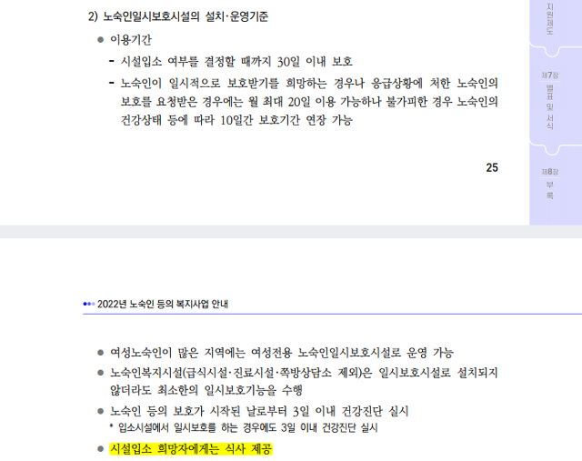 보건복지부의 '2022년 노숙인 등 복지사업 안내(지침)'. 일시적인 잠자리 제공과 응급처치 등 역할을 담당하는 '일시보호시설' 이용자 중에 자활·재활·요양 등 생활시설 입소를 희망하는 사람에게만 '식사 제공'을 하라는 내용이 나와있다. 해당 문서 캡처