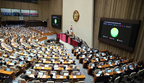 지난 24일 새벽 0시 55분께 국회 본회의에서 2023년도 예산안이 의결 통과되고 있다. 연합뉴스