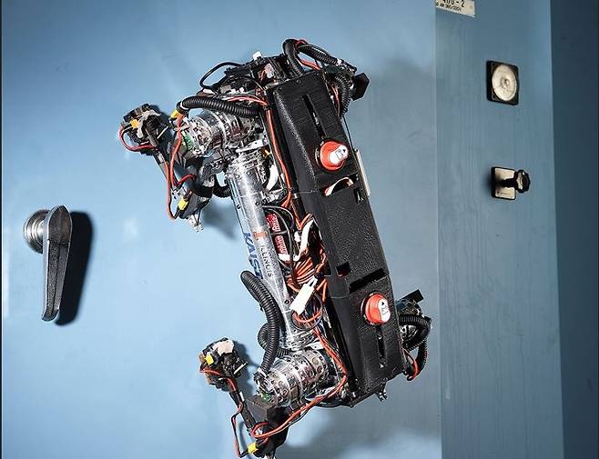 세계 최고 속도로 벽면과 천장을 이동할 수 있는 사족 등반 로봇. [KAIST 제공]