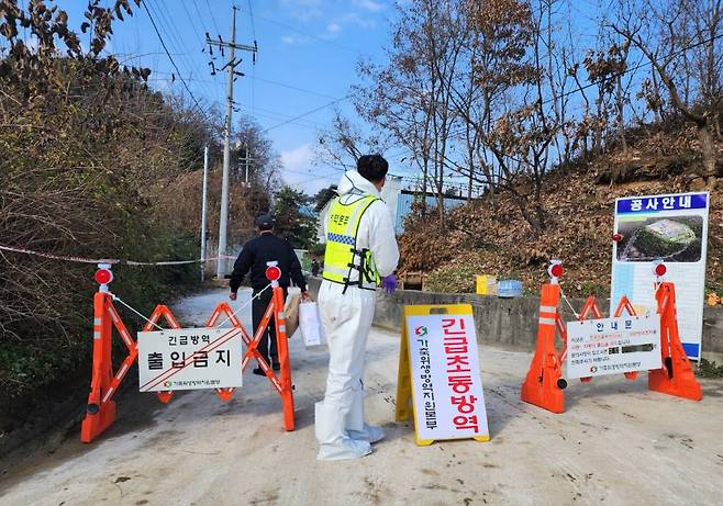 [원주=뉴시스] 이덕화 기자 = 15일 강원 원주시 봉산동 산란계 농장에서 고병원성 조류인플루엔자(AI) 의사환축이 발생하여 방역당국이 농장 진출입로를 통제하며 바이러스 확산 차단에 총력을 기울이고 있다. 강원도는 이날 오전 5시부터 24시간 동안 일시이동 중지명령을 긴급 발령하고 동거축 살처분과 매몰 작업을 감독하고 있다. 2022.11.15.