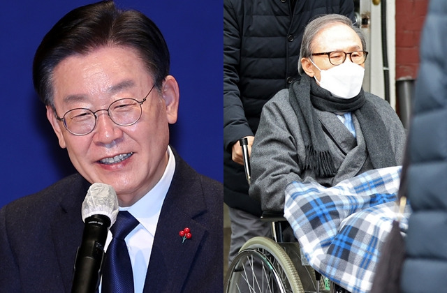 더불어민주당 이재명 대표가 27일 오후 전남 무안군 삼향읍 남악주민센터에서 열린 '경청 투어' 국민보고회에서 지지자와 당원에게 인사하고 있다. 오른쪽 사진은 지난해 2월 동부구치소 수감 도중 병원 치료를 받은 이명박 전 대통령. 연합뉴스, 공동취재사진